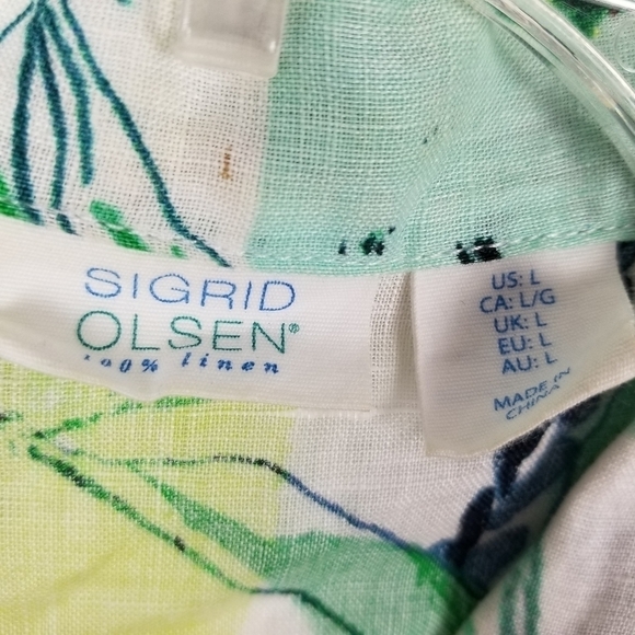 Sigrid Olsen Linen Top Blouse Large Short Sleeve Button Tie Tropical Cropped - Picture 8 of 9